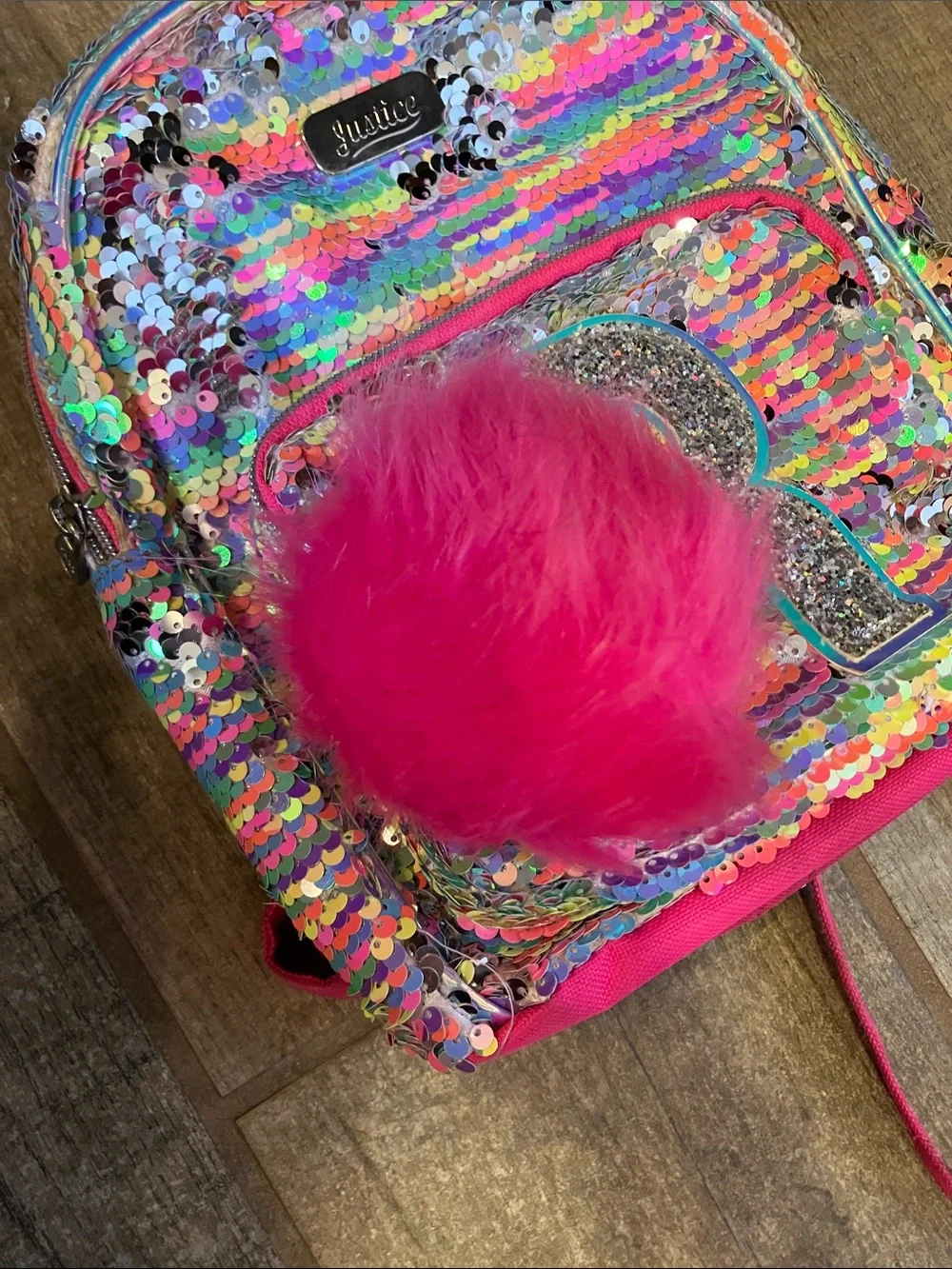 JUSTICE GIRLS SCHOOL MINI BACKPACK SILVER SEQUIN FLIP POMPOM INITIAL R 2019